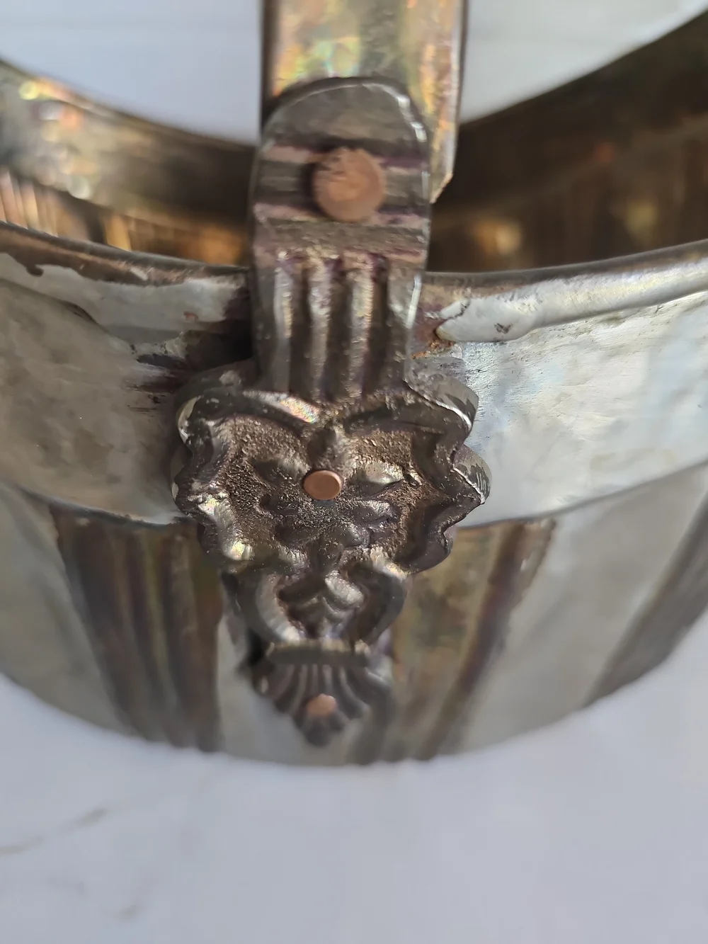 Vintage Hammered Metal Fireplace Coal Scuttle Bucket with Ornate Acanthus Leaf